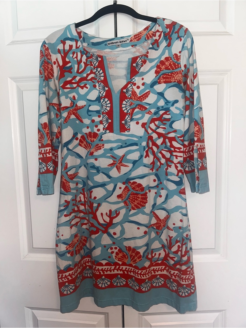 Barbara Gerwit Sea Life Print Midi Dress in Light Blue and Coral